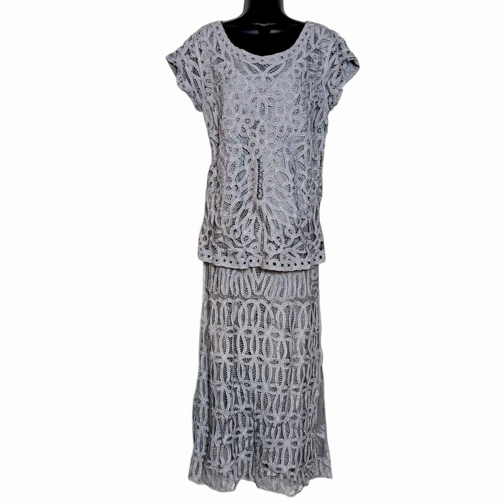 VTG 90s CAROLE LITTLE GRAY SKIRT BLOUSE SET BATTENBERG LACE FORMAL COTTAGECORE L